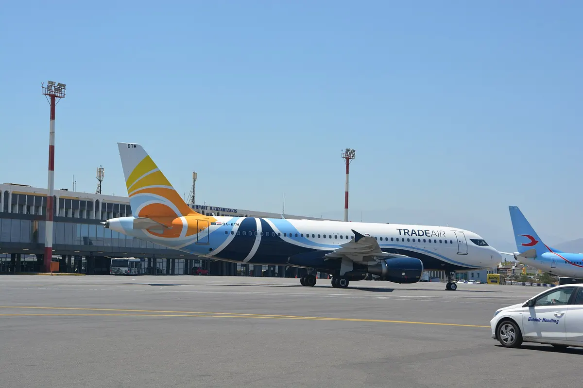 Airliner parked at Heraklion Airport, served by many seasonal airlines