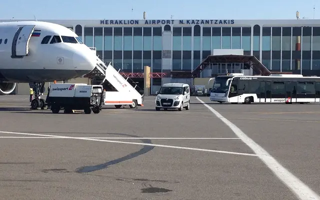 Heraklion Airport N. Kazantzakis sign seen from the apron, codes HER and LGIR
