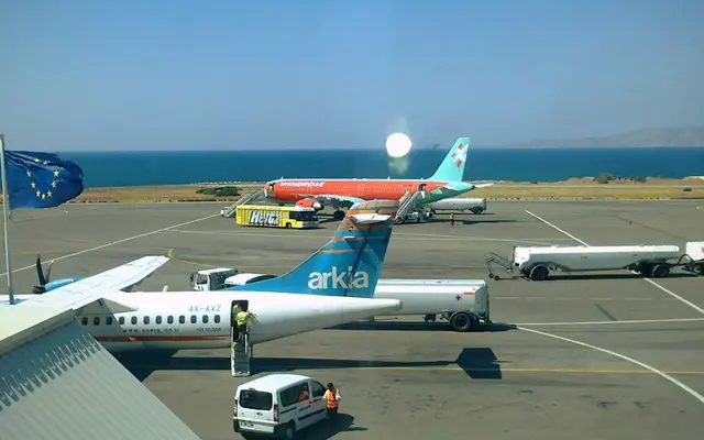 Apron seen from the terminal windows, illustration of waiting airside at Heraklion Airport