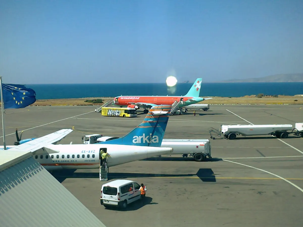 Apron seen from the terminal windows, illustration of waiting airside at Heraklion Airport
