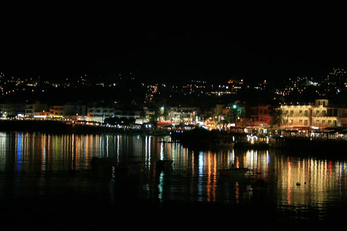 Hersonissos seafront at night, 25 km east of Heraklion Airport