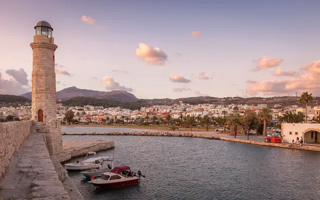 Rethymno old harbour and lighthouse, west of Heraklion Airport