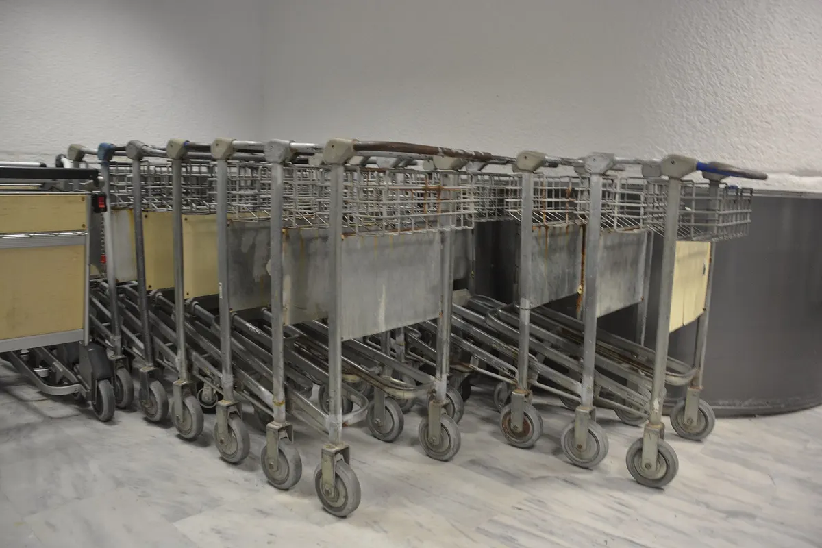 Luggage trolleys inside Heraklion Airport terminal