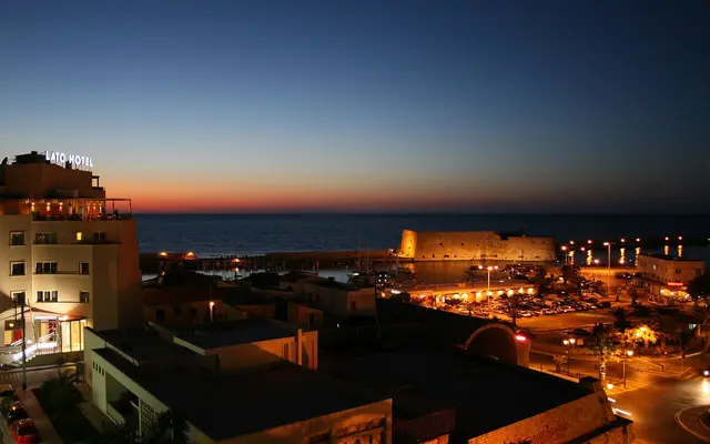 Lato Hotel and the Venetian harbour of Heraklion at sunset, 5 km from Heraklion Airport