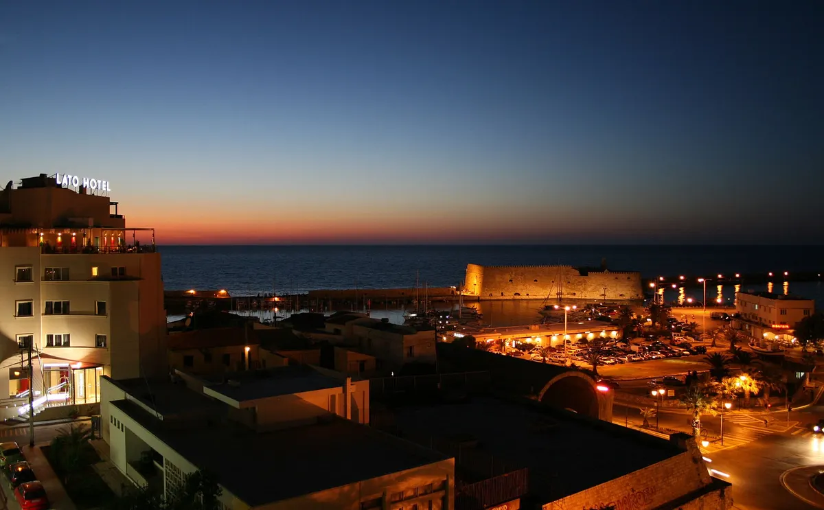 Lato Hotel and the Venetian harbour of Heraklion at sunset, 5 km from Heraklion Airport